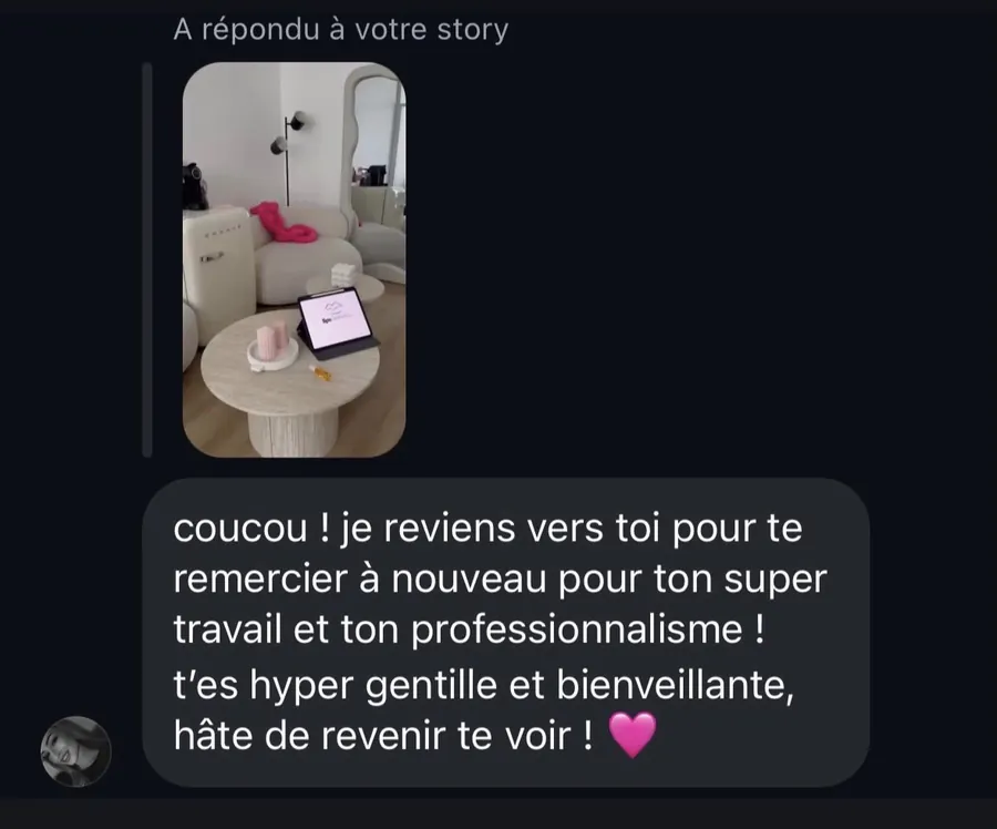 Message d'une cliente saluant le professionnalisme de LIPS AESTHETICS PARIS